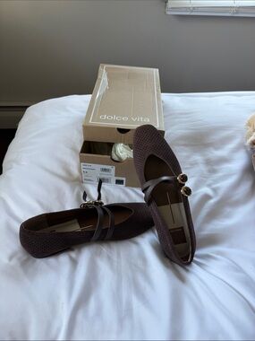Dolce Vita Dark Brown Perforated Double-Strap Flats with Gold Buckles